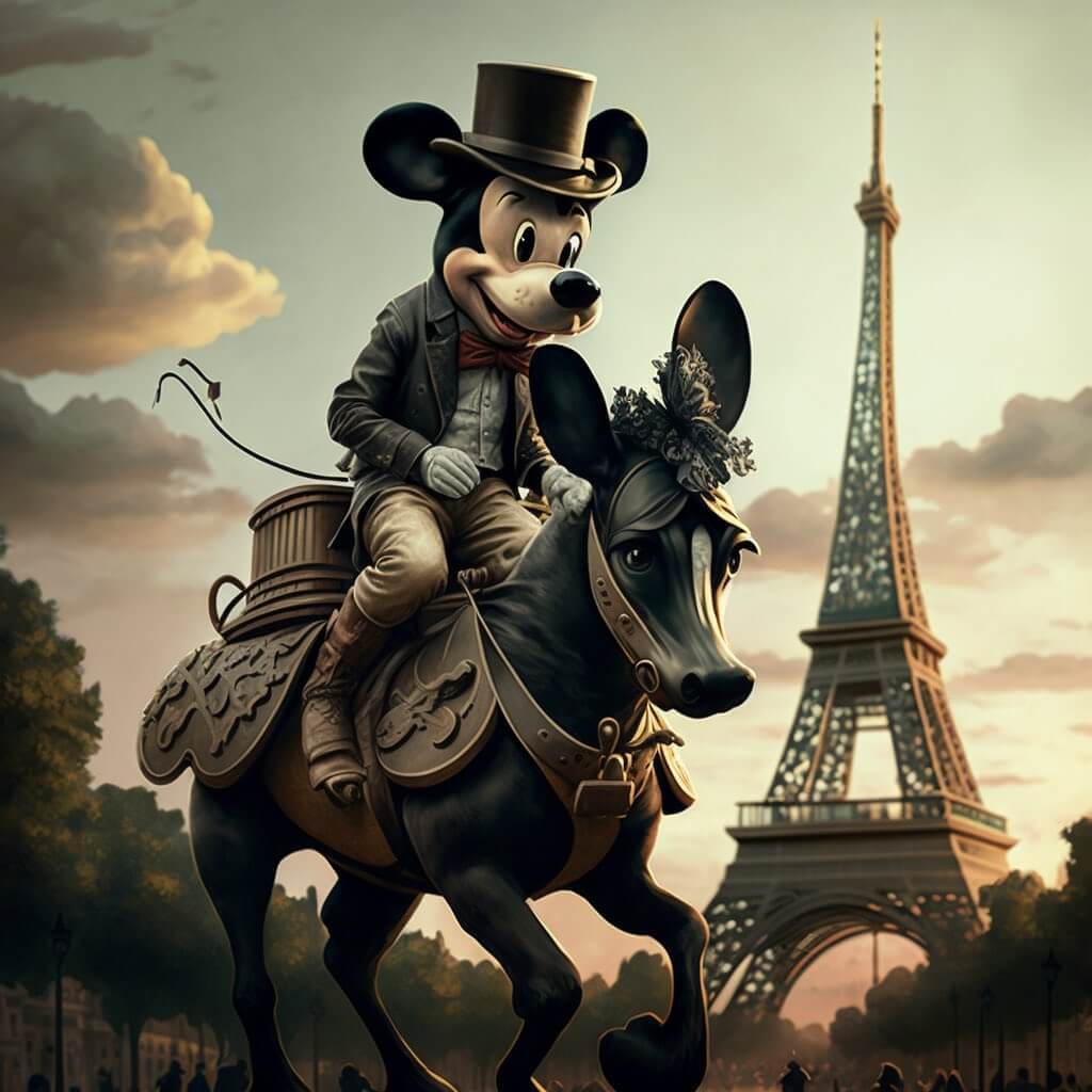 Mickey Mouse riding a horse in the centre of Paris